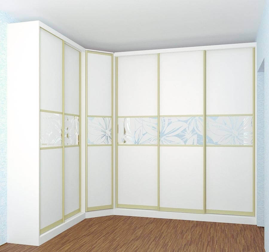 /Угловой шкаф-купе №386 светлый с окантовкой и узором на заказ